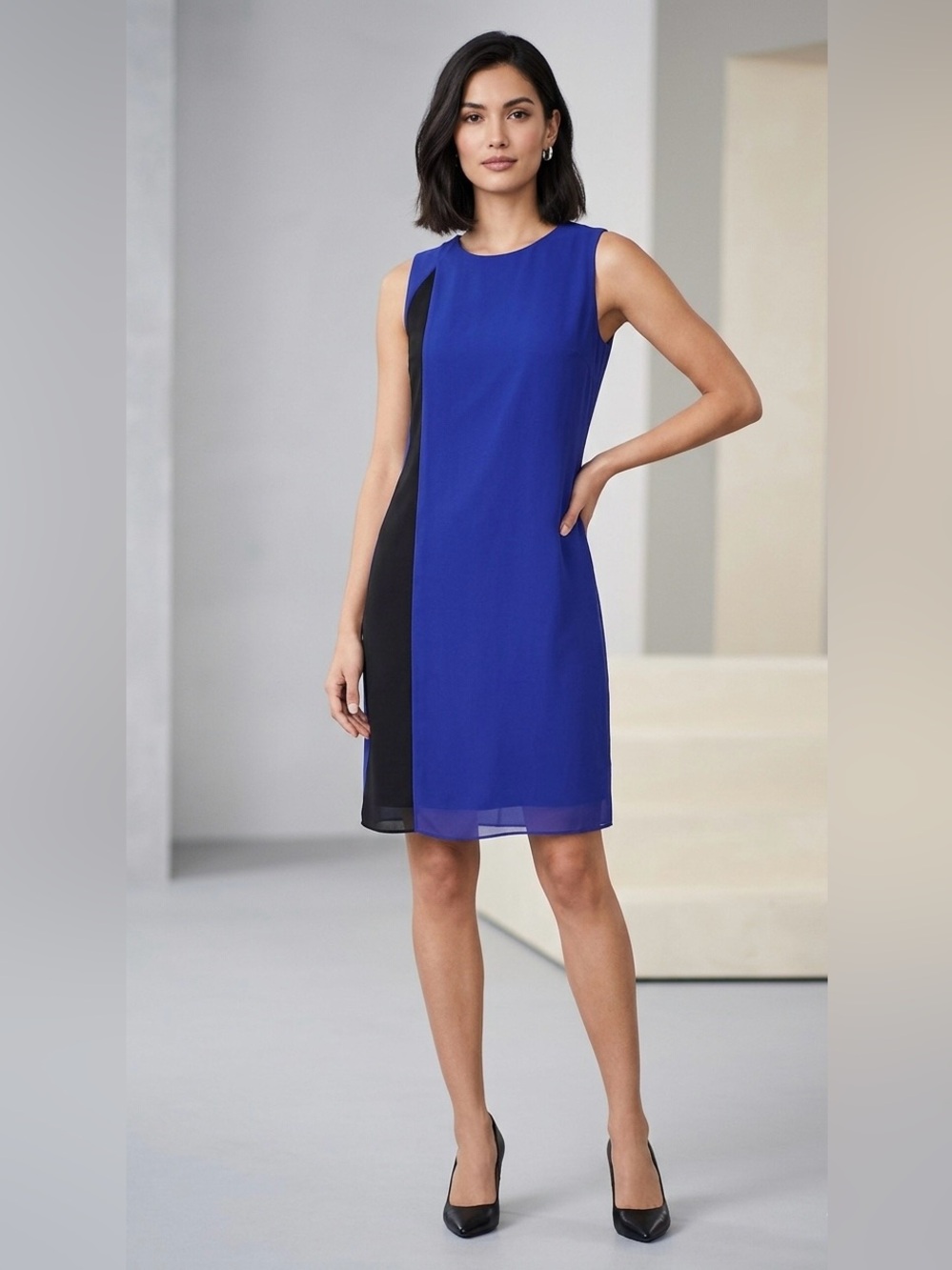 : Donna Karan New York Blue Black Colorblock Sleeveless Dress Size 2 Modern Chic